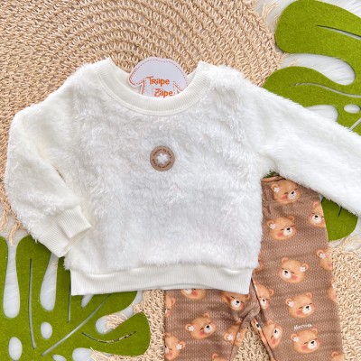 Conj. Casaco Flor Pelo Carneirinho e Calça Legging Ursinhas - Off White e Marrom